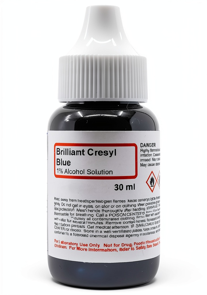 Brilliant Cresyl Blue solution bottle with label showing usage instructions