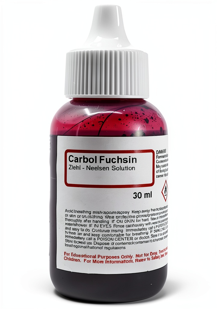Carbol Fuchsin stain bottle on lab bench with microscope