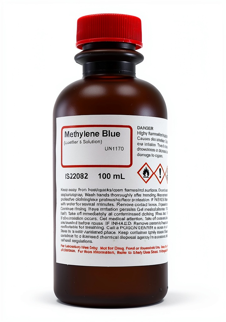 Methylene Blue bottle on lab bench with staining samples