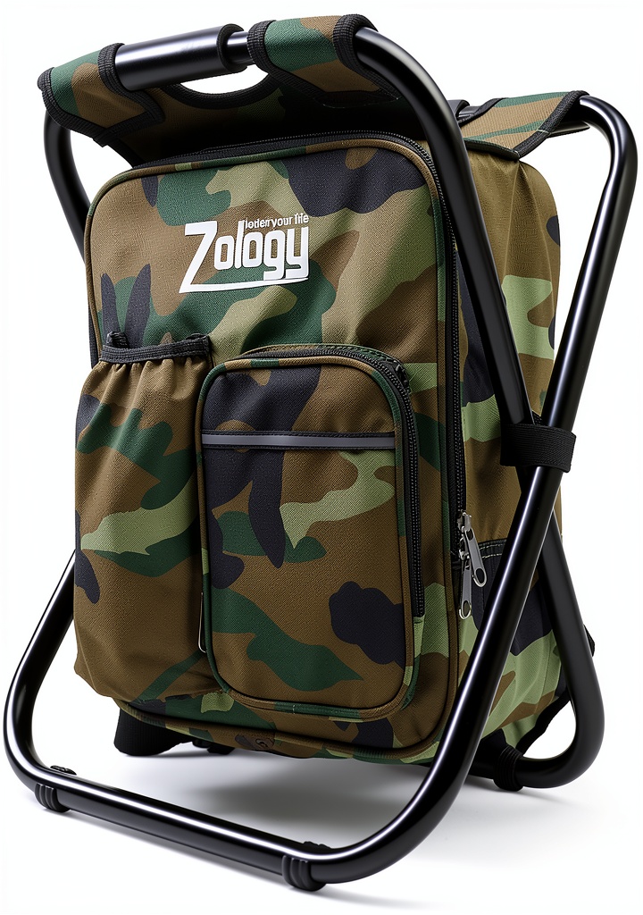 Zology camouflage folding camping chair set up beside a lake