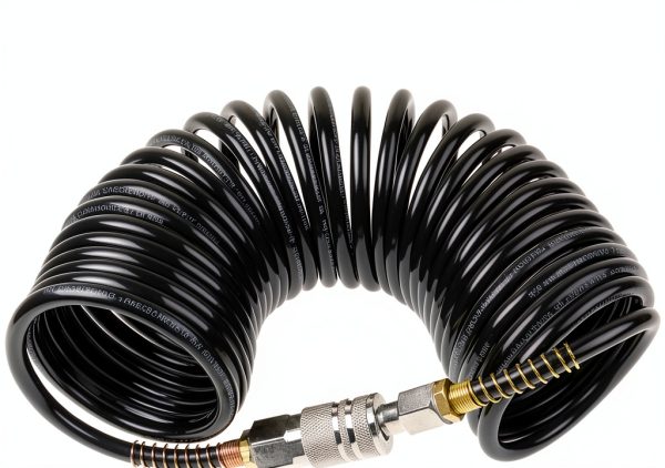 25ft Air Compressor Hose with Bend Restrictor and 1/4 Quick Coupler - Coiled Flexible Air Hose with Solid Copper Connectors-1